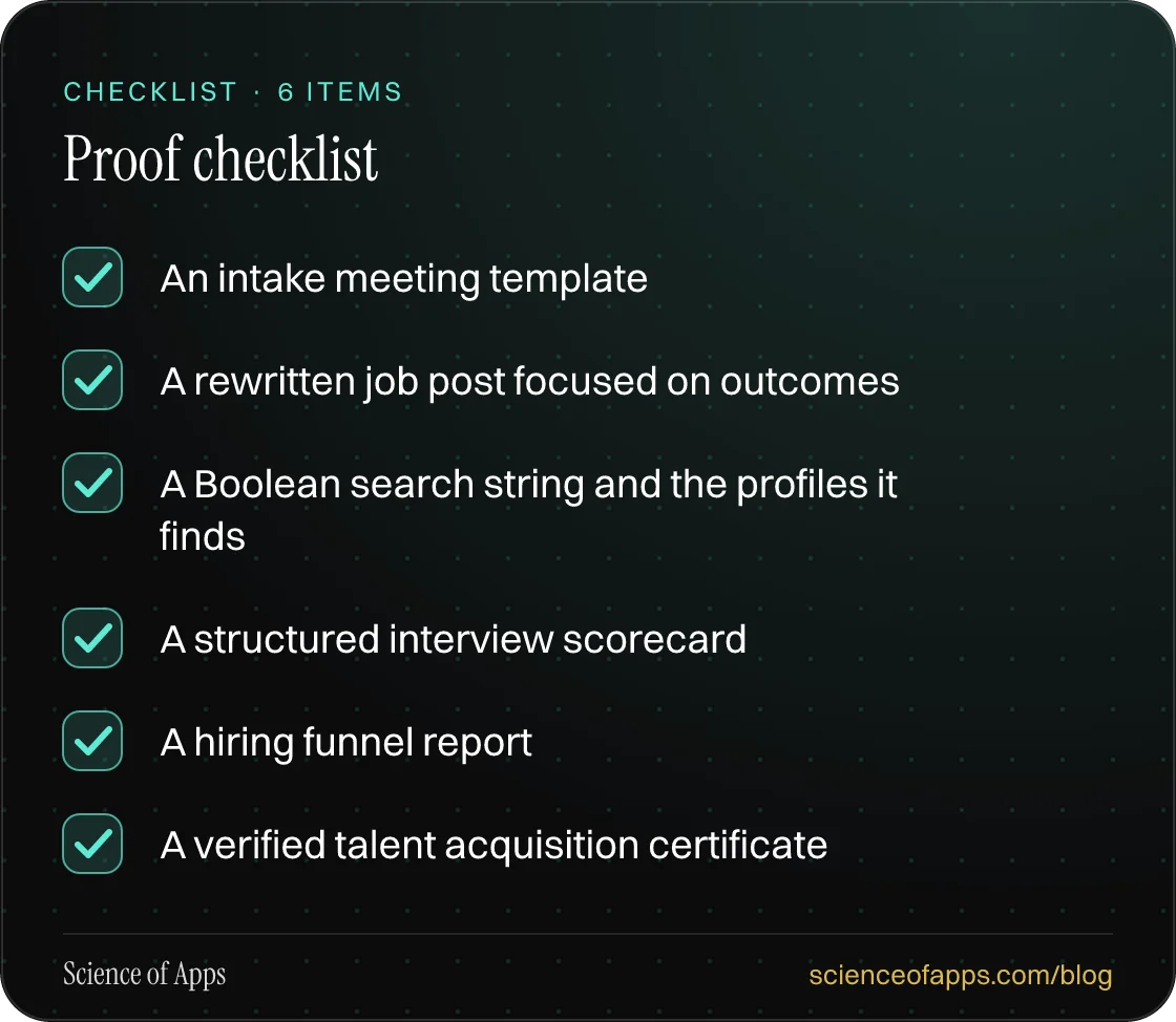 Checklist: Proof checklist — An intake meeting template; A rewritten job post focused on outcomes; A Boolean search string and the profiles it finds; A structured interview scorecard; A hiring funnel report; A verified talent acquisition certificate.