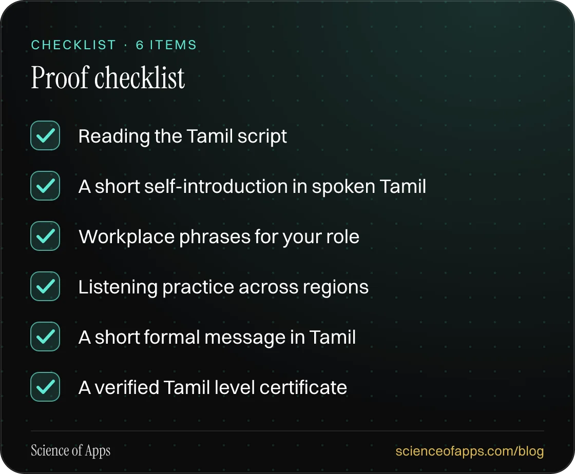 Checklist: Proof checklist — Reading the Tamil script; A short self-introduction in spoken Tamil; Workplace phrases for your role; Listening practice across regions; A short formal message in Tamil; A verified Tamil level certificate.