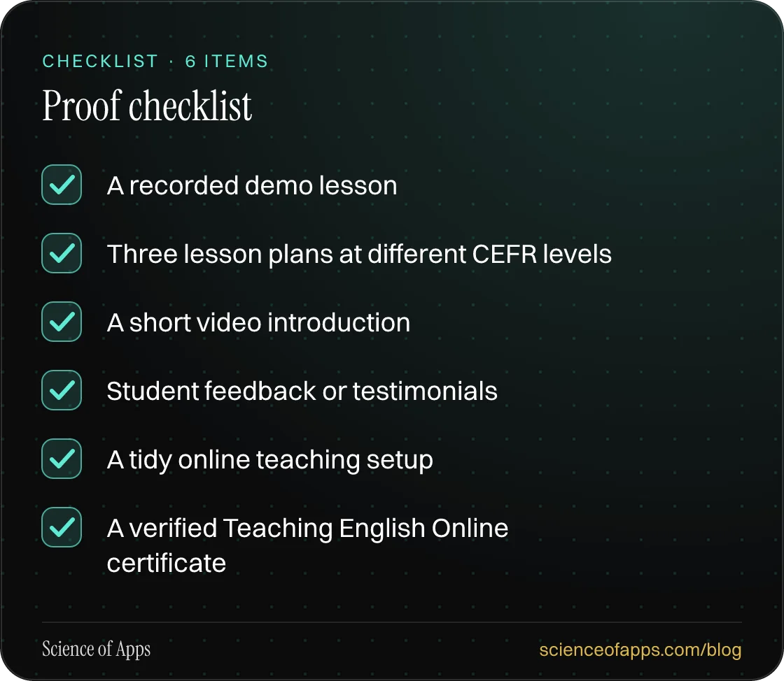Checklist: Proof checklist — A recorded demo lesson; Three lesson plans at different CEFR levels; A short video introduction; Student feedback or testimonials; A tidy online teaching setup; A verified Teaching English Online certificate.