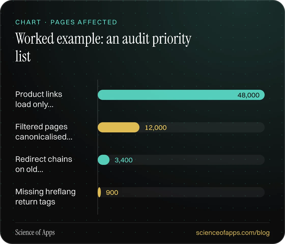 Bar chart: Worked example: an audit priority list — Product links load only…: 48,000; Filtered pages canonicalised…: 12,000; Redirect chains on old…: 3,400; Missing hreflang return tags: 900.