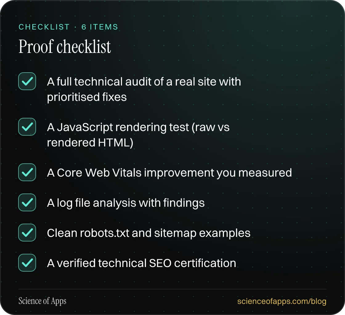 Checklist: Proof checklist — A full technical audit of a real site with prioritised fixes; A JavaScript rendering test (raw vs rendered HTML); A Core Web Vitals improvement you measured; A log file analysis with findings; Clean robots.txt and sitemap examples; A verified technical SEO certification.