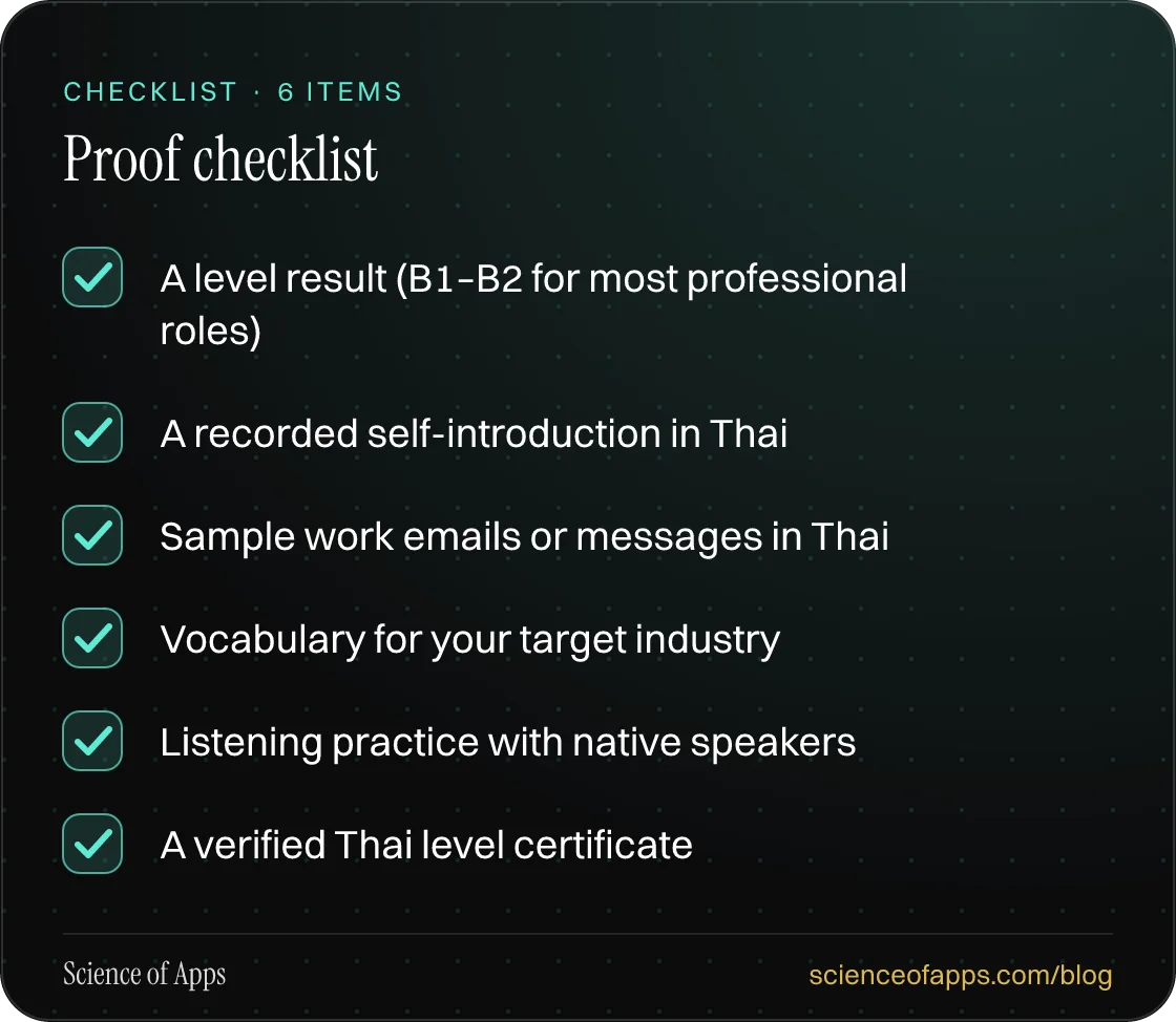 Checklist: Proof checklist — A level result (B1–B2 for most professional roles); A recorded self-introduction in Thai; Sample work emails or messages in Thai; Vocabulary for your target industry; Listening practice with native speakers; A verified Thai level certificate.