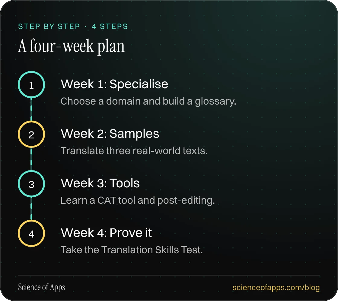Diagram of 4 steps for a four-week plan: 1. Week 1: Specialise; 2. Week 2: Samples; 3. Week 3: Tools; 4. Week 4: Prove it.
