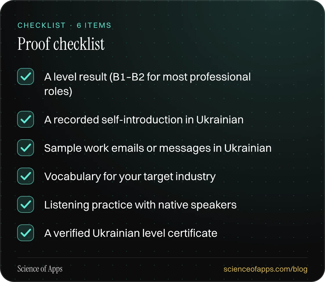 Checklist: Proof checklist — A level result (B1–B2 for most professional roles); A recorded self-introduction in Ukrainian; Sample work emails or messages in Ukrainian; Vocabulary for your target industry; Listening practice with native speakers; A verified Ukrainian level certificate.