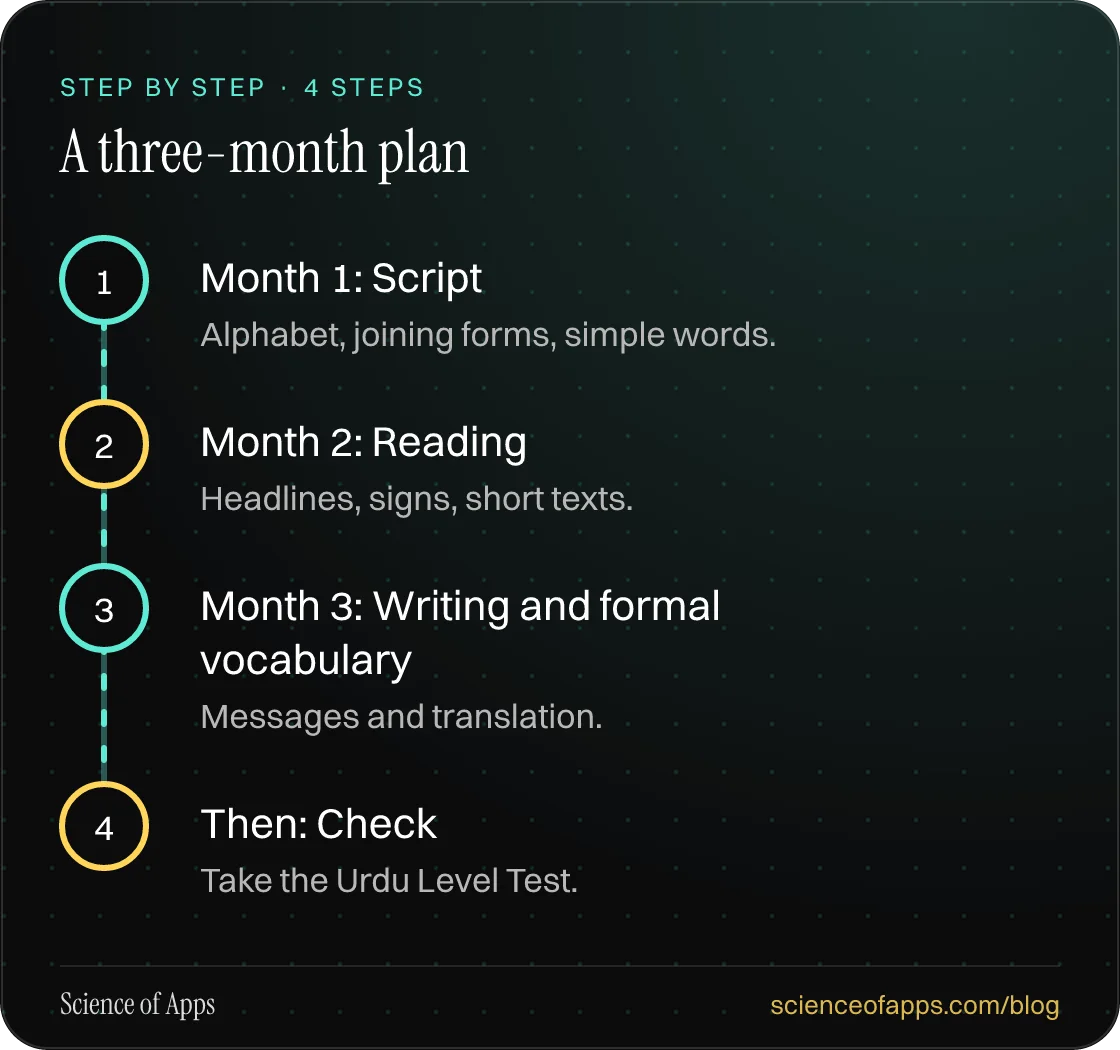 Diagram of 4 steps for a three-month plan: 1. Month 1: Script; 2. Month 2: Reading; 3. Month 3: Writing and formal vocabulary; 4. Then: Check.