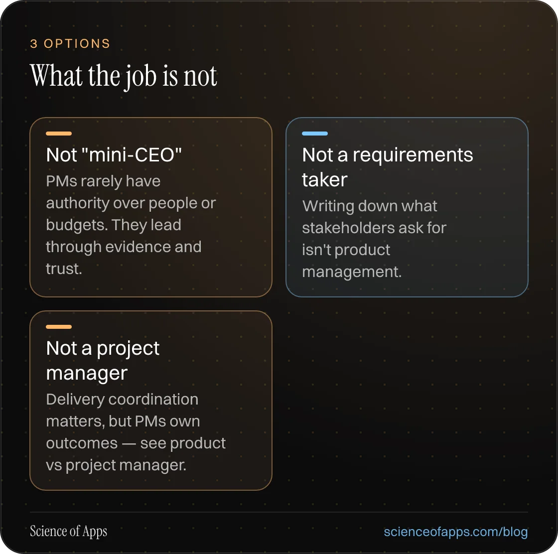 What the job is not: Not "mini-CEO"; Not a requirements taker; Not a project manager.