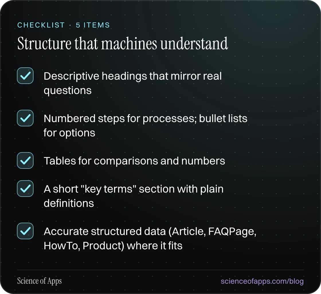 Checklist: Structure that machines understand — Descriptive headings that mirror real questions; Numbered steps for processes; bullet lists for options; Tables for comparisons and numbers; A short "key terms" section with plain definitions; Accurate structured data (Article, FAQPage, HowTo, Product)