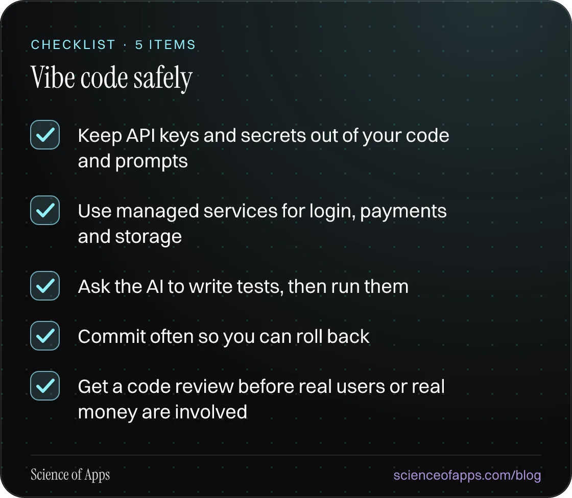 Checklist: Vibe code safely — Keep API keys and secrets out of your code and prompts; Use managed services for login, payments and storage; Ask the AI to write tests, then run them; Commit often so you can roll back; Get a code review before real users or real money are involved.