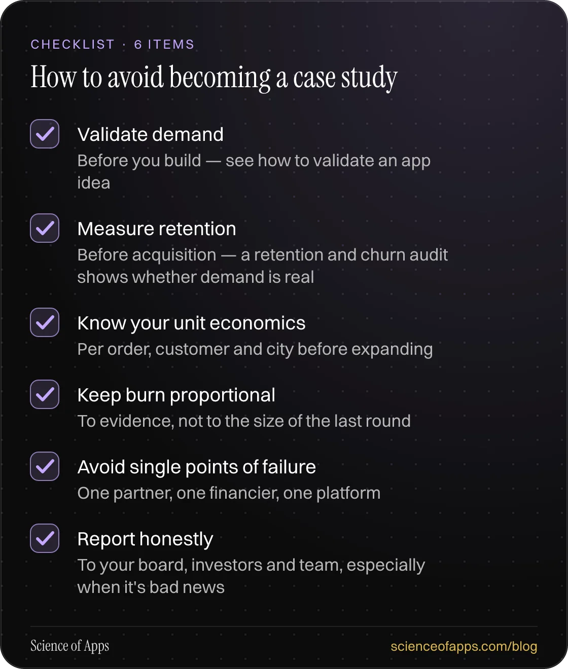 Checklist: How to avoid becoming a case study — Validate demand; Measure retention; Know your unit economics; Keep burn proportional; Avoid single points of failure; Report honestly.