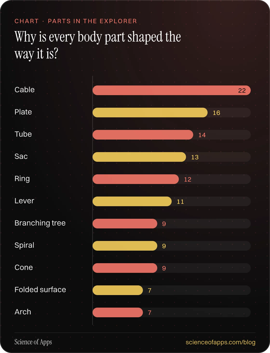 Bar chart: Why is every body part shaped the way it is? — Cable: 22; Plate: 16; Tube: 14; Sac: 13; Ring: 12; Lever: 11; Branching tree: 9; Spiral: 9; Cone: 9; Folded surface: 7; Arch: 7.
