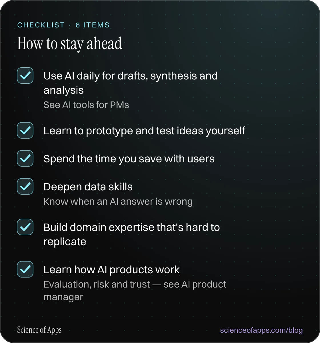 Checklist: How to stay ahead — Use AI daily for drafts, synthesis and analysis; Learn to prototype and test ideas yourself; Spend the time you save with users; Deepen data skills; Build domain expertise that's hard to replicate; Learn how AI products work.