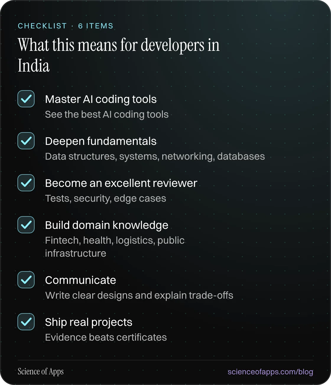 Checklist: What this means for developers in India — Master AI coding tools; Deepen fundamentals; Become an excellent reviewer; Build domain knowledge; Communicate; Ship real projects.