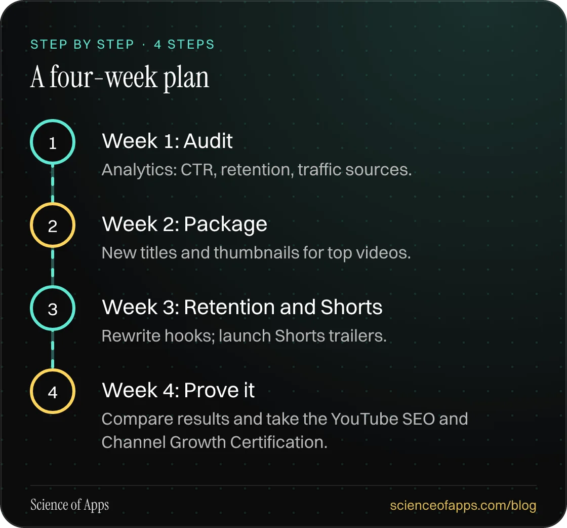 Diagram of 4 steps for a four-week plan: 1. Week 1: Audit; 2. Week 2: Package; 3. Week 3: Retention and Shorts; 4. Week 4: Prove it.