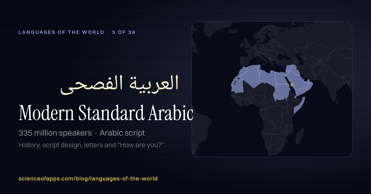 Modern Standard Arabic (العربية الفصحى) at a glance: 335 million speakers, written in Arabic script, with a map of where it is spoken