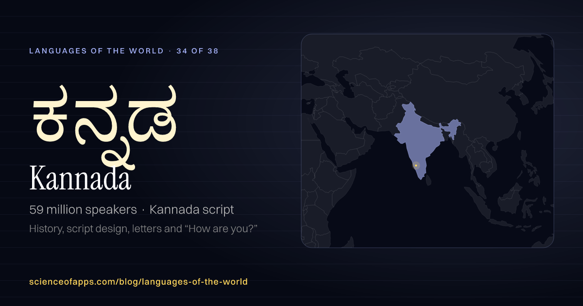 Kannada (ಕನ್ನಡ) at a glance: 59 million speakers, written in Kannada script, with a map of where it is spoken
