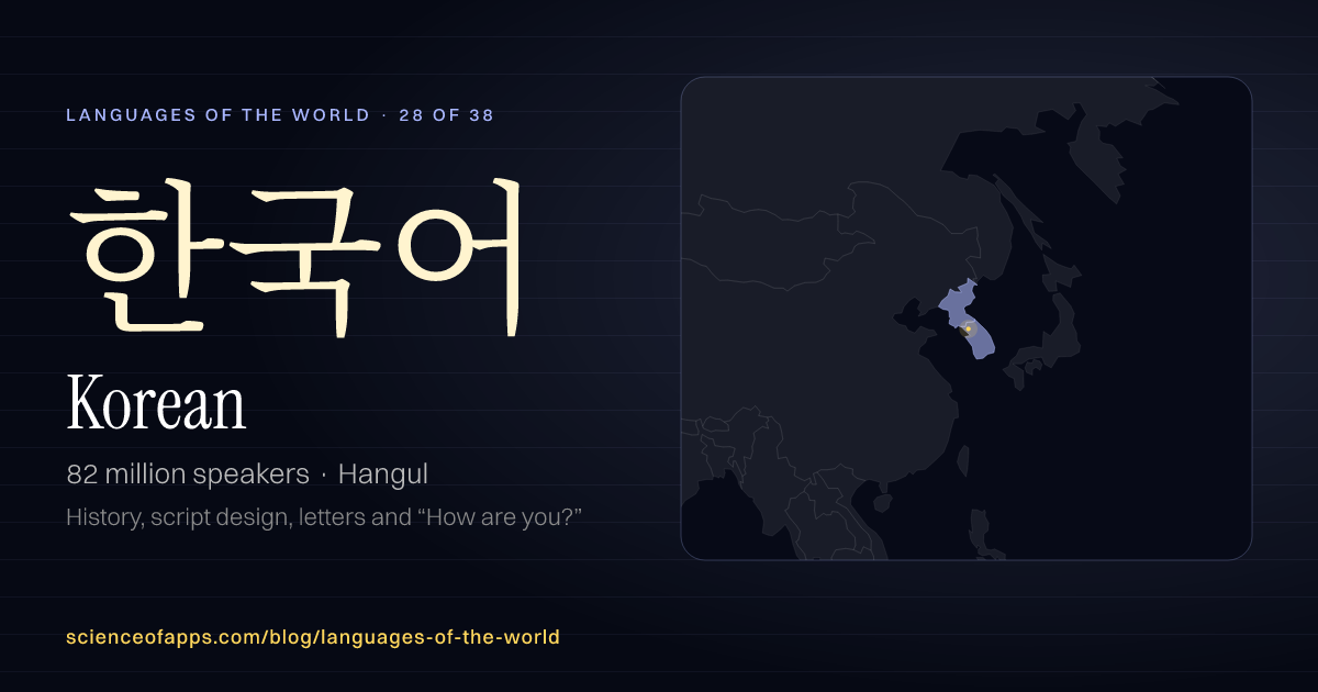 Korean (한국어) at a glance: 82 million speakers, written in Hangul, with a map of where it is spoken
