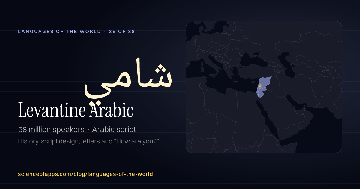 Levantine Arabic (شامي) at a glance: 58 million speakers, written in Arabic script, with a map of where it is spoken