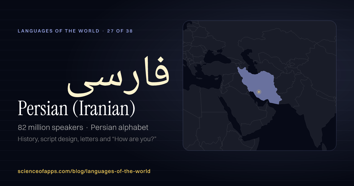 Persian (Iranian) (فارسی) at a glance: 82 million speakers, written in Persian alphabet, with a map of where it is spoken