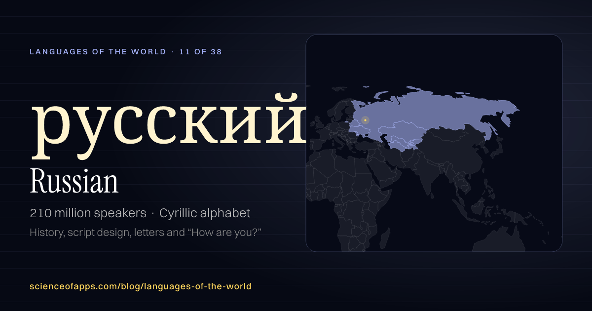 Russian (русский) at a glance: 210 million speakers, written in Cyrillic alphabet, with a map of where it is spoken
