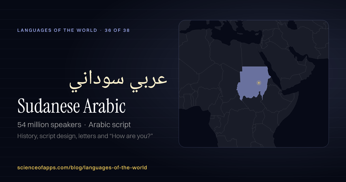 Sudanese Arabic (عربي سوداني) at a glance: 54 million speakers, written in Arabic script, with a map of where it is spoken