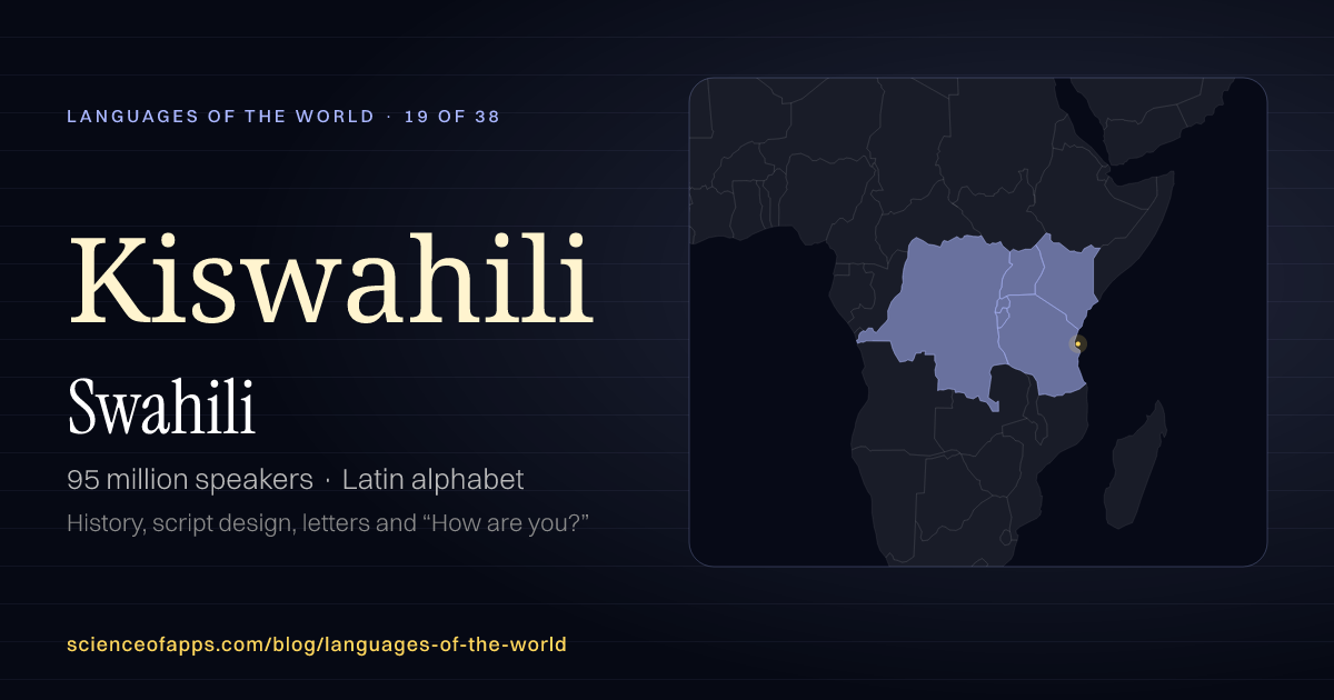 Swahili (Kiswahili) at a glance: 95 million speakers, written in Latin alphabet, with a map of where it is spoken