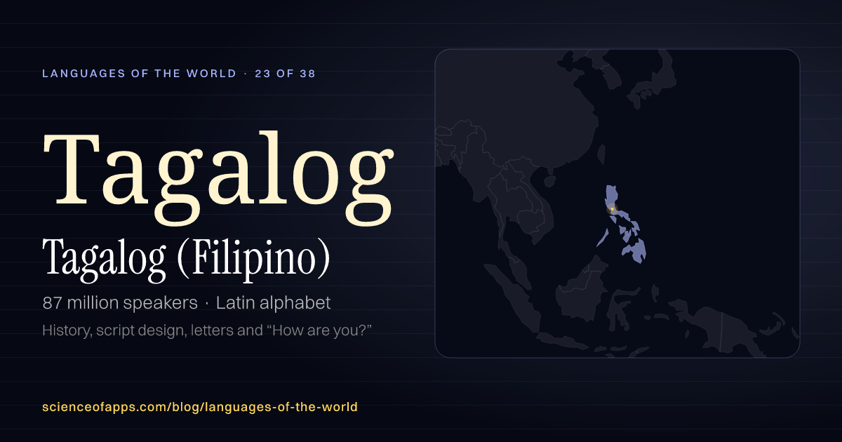 Tagalog (Filipino) (Tagalog) at a glance: 87 million speakers, written in Latin alphabet, with a map of where it is spoken