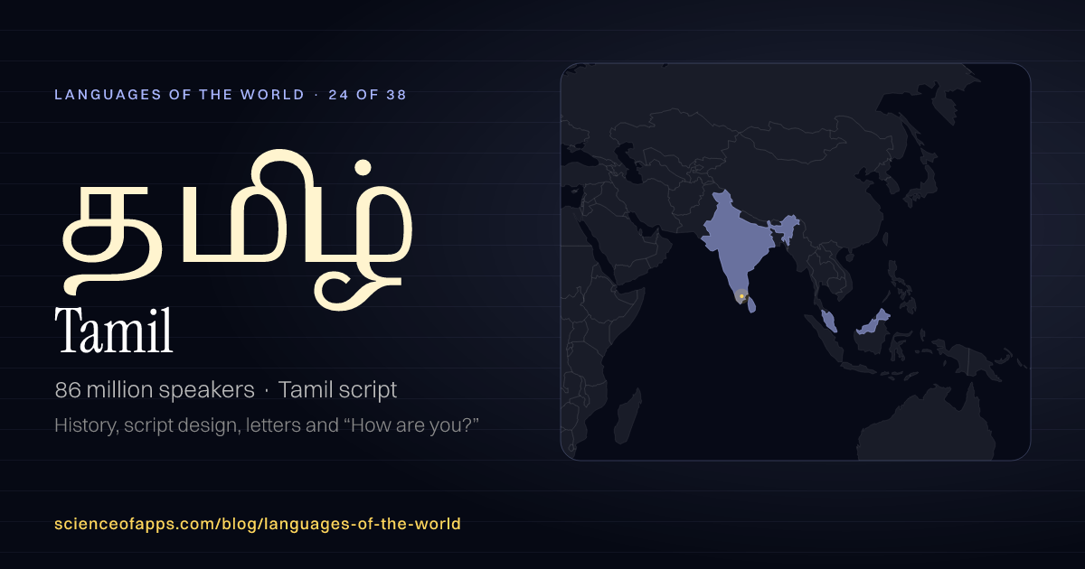 Tamil (தமிழ்) at a glance: 86 million speakers, written in Tamil script, with a map of where it is spoken