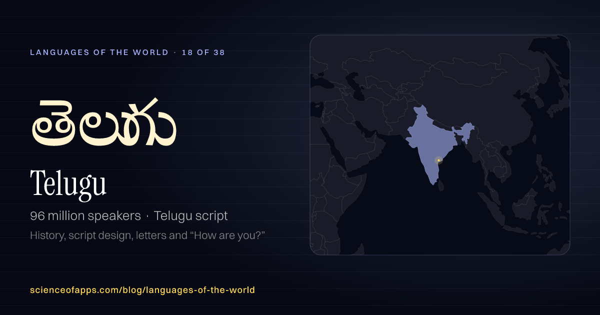 Telugu (తెలుగు) at a glance: 96 million speakers, written in Telugu script, with a map of where it is spoken