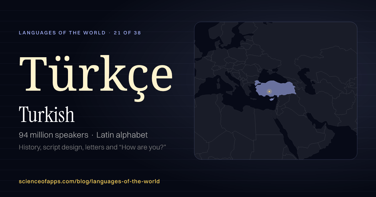Turkish (Türkçe) at a glance: 94 million speakers, written in Latin alphabet, with a map of where it is spoken
