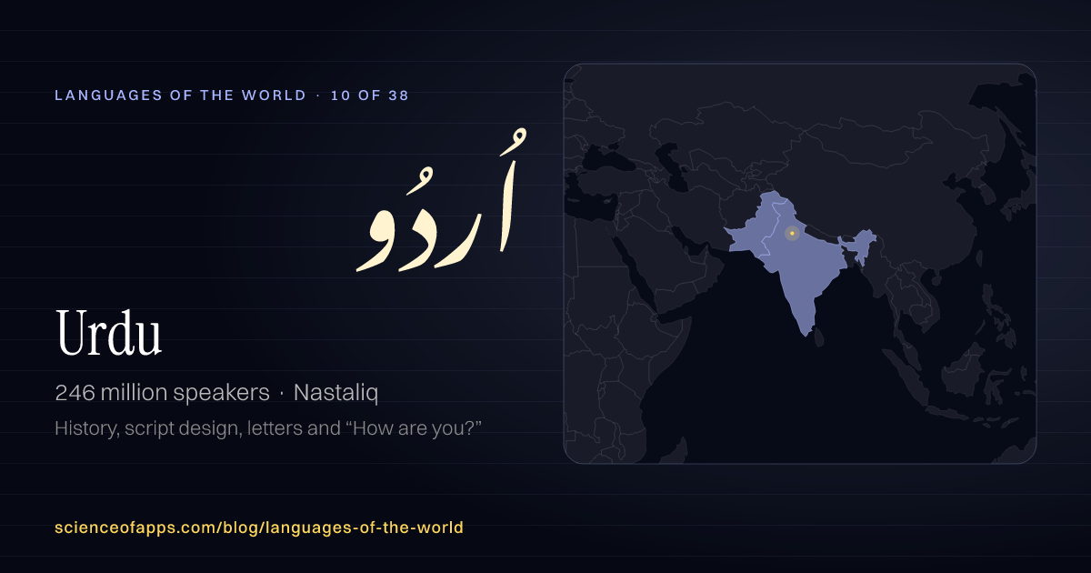 Urdu (اُردُو) at a glance: 246 million speakers, written in Nastaliq, with a map of where it is spoken