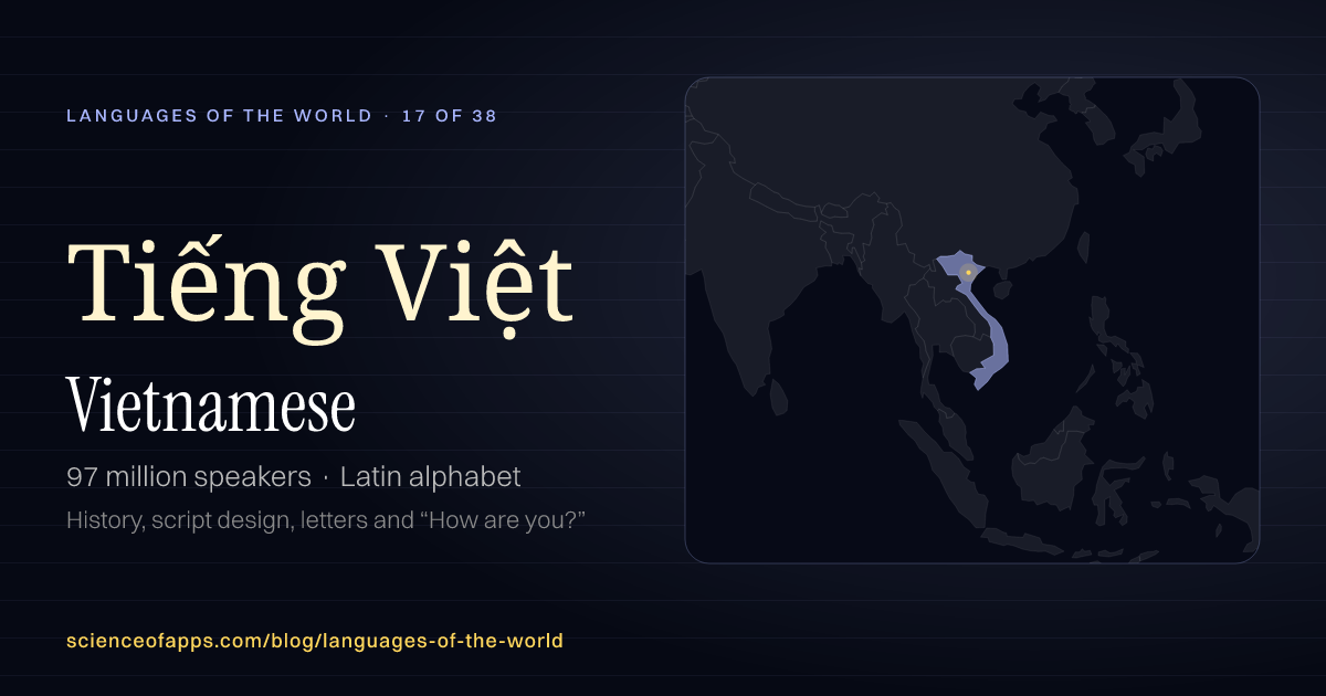 Vietnamese (Tiếng Việt) at a glance: 97 million speakers, written in Latin alphabet, with a map of where it is spoken