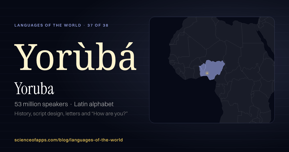 Yoruba (Yorùbá) at a glance: 53 million speakers, written in Latin alphabet, with a map of where it is spoken