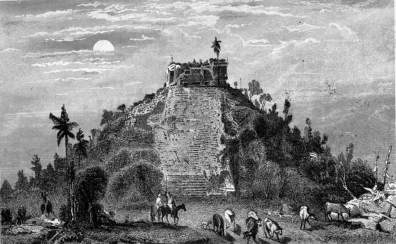 El Castillo overgrown, drawn by Frederick Catherwood for Incidents of Travel in Yucatan, 1843.