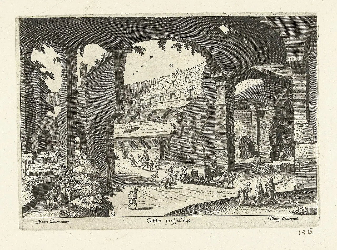 Ruins inside the Colosseum in a Netherlandish engraving of 1585, when the arena was overgrown and used by carts.