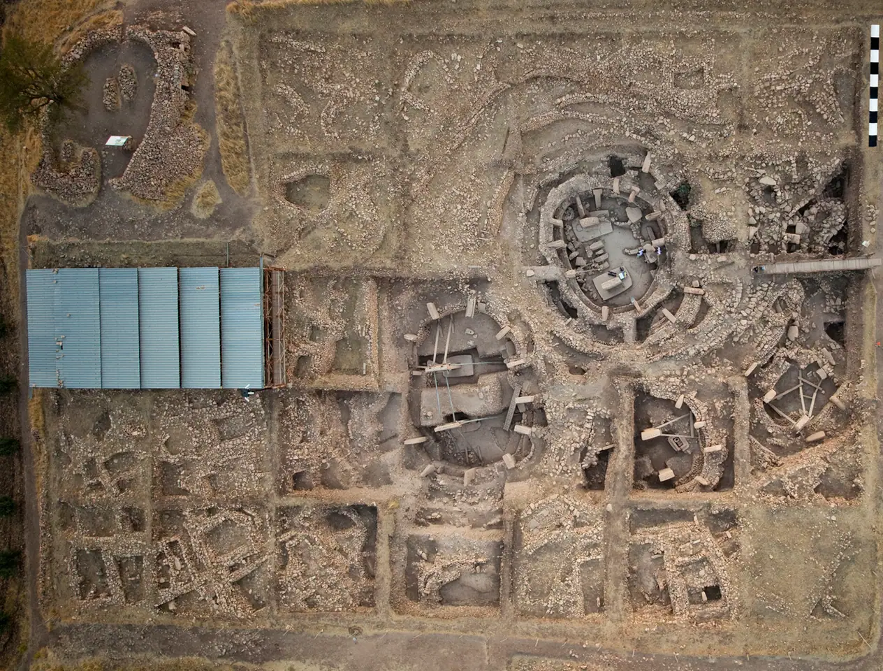 Overhead view of the main excavation area in 2019, with part of the new protective roof at left.