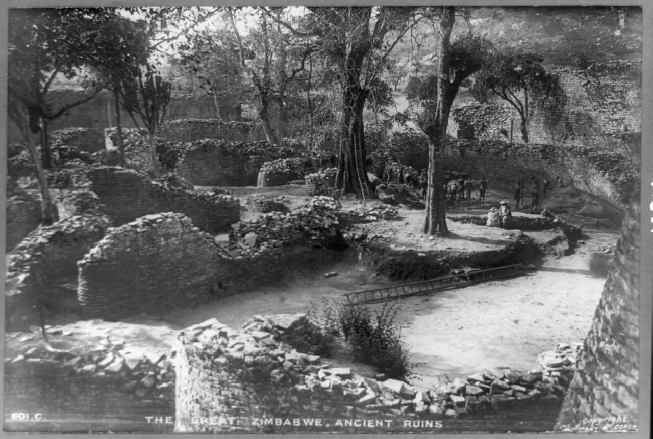 Ruins at Great Zimbabwe in a photograph from the Frank and Frances Carpenter Collection, c. 1890–1925.