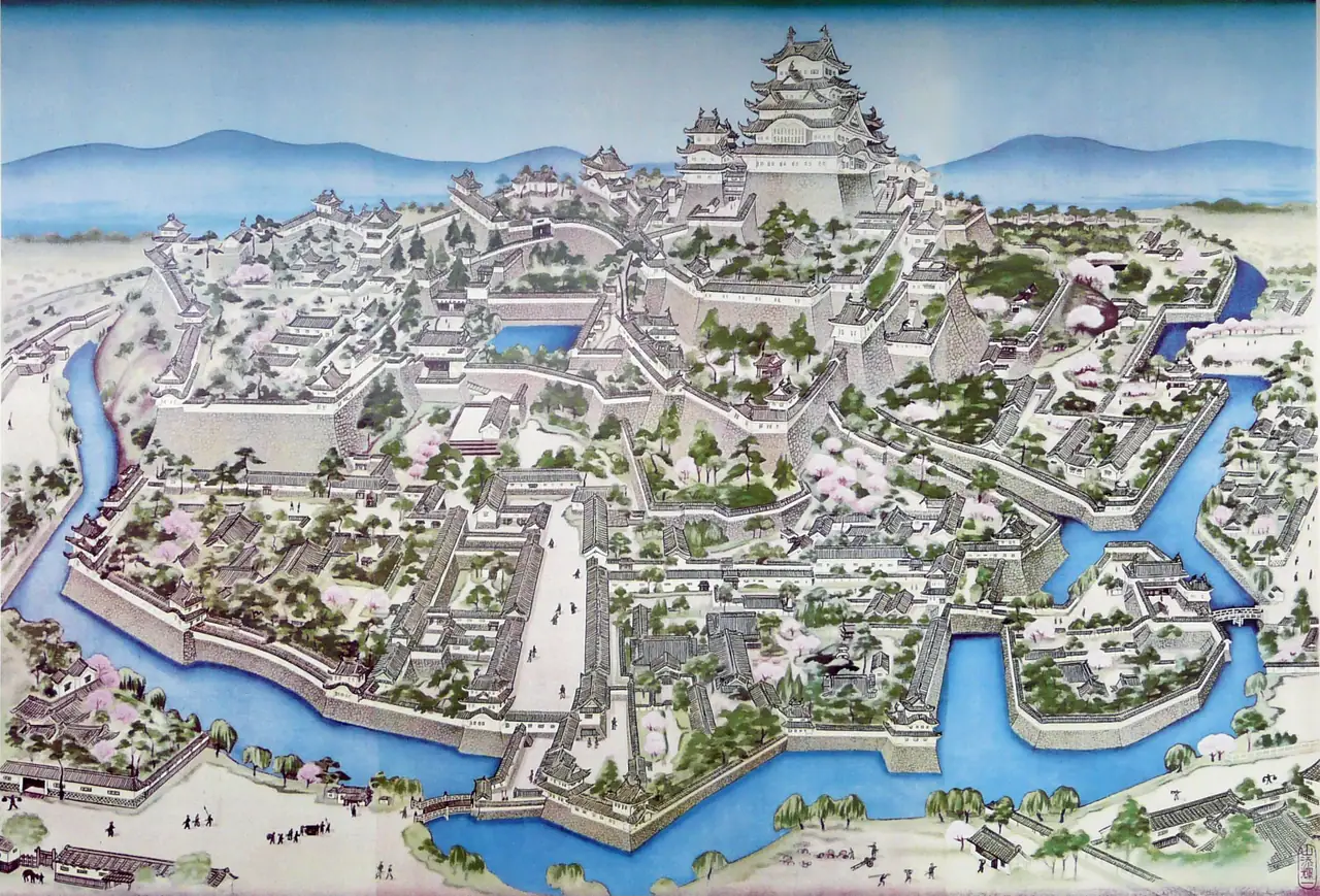 An early Meiji-period painting of Himeji Castle and its surroundings, about 1870.