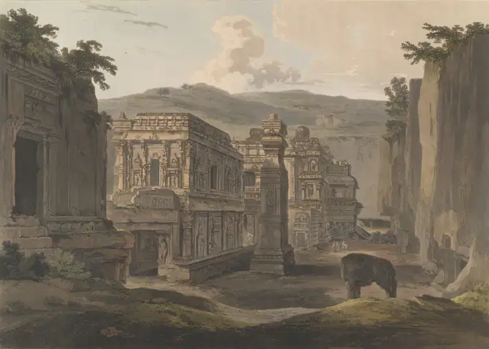 Kailasa from the south-west, aquatint by Thomas Daniell after James Wales, published 1803.