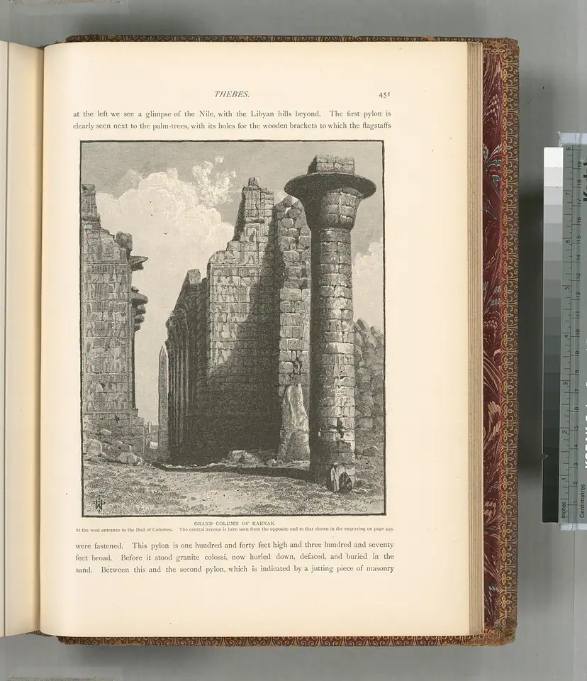 A column at the west entrance of the Great Hypostyle Hall, in a wood engraving published in 1881.