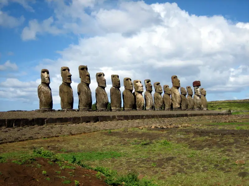 The 15 moai of Ahu Tongariki, re-erected in the 1990s.