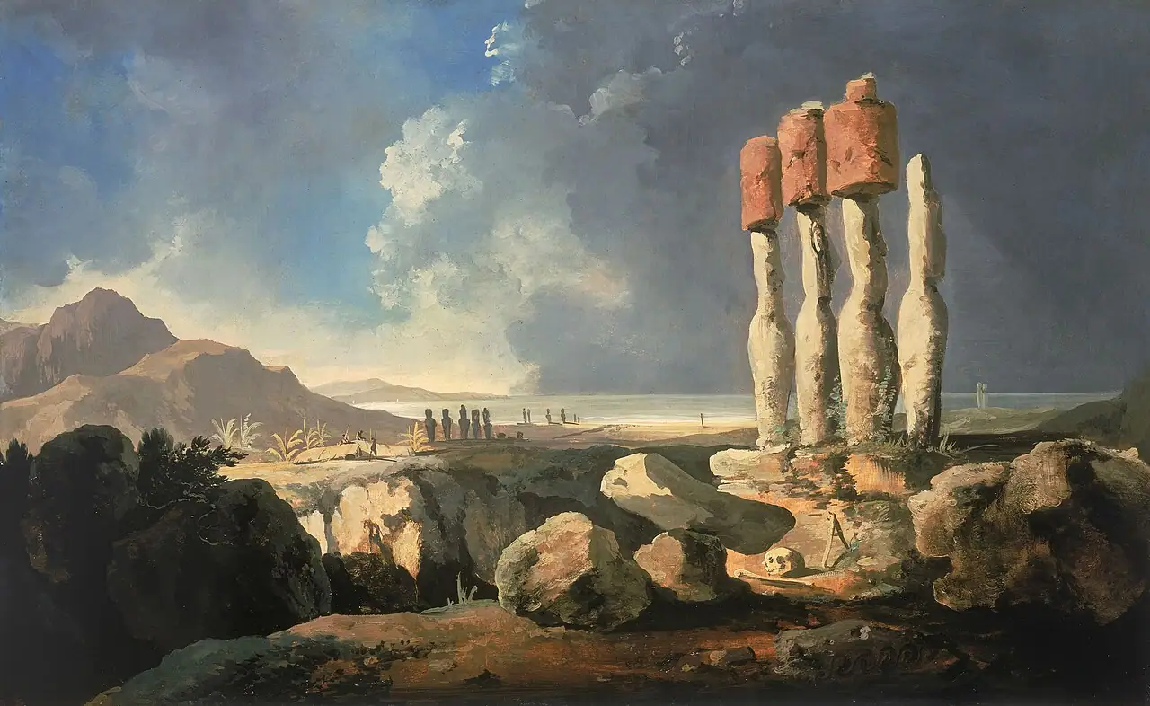 Monuments on Easter Island, painted by William Hodges after Captain Cook's 1774 visit.
