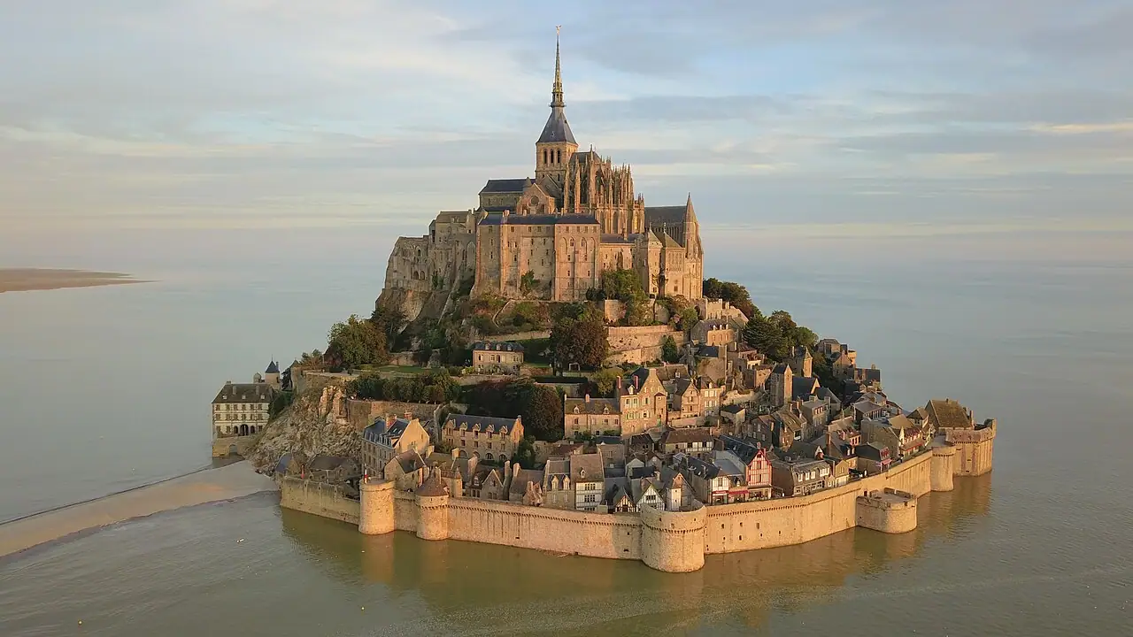 Mont-Saint-Michel at high tide with the new bridge, 2018.