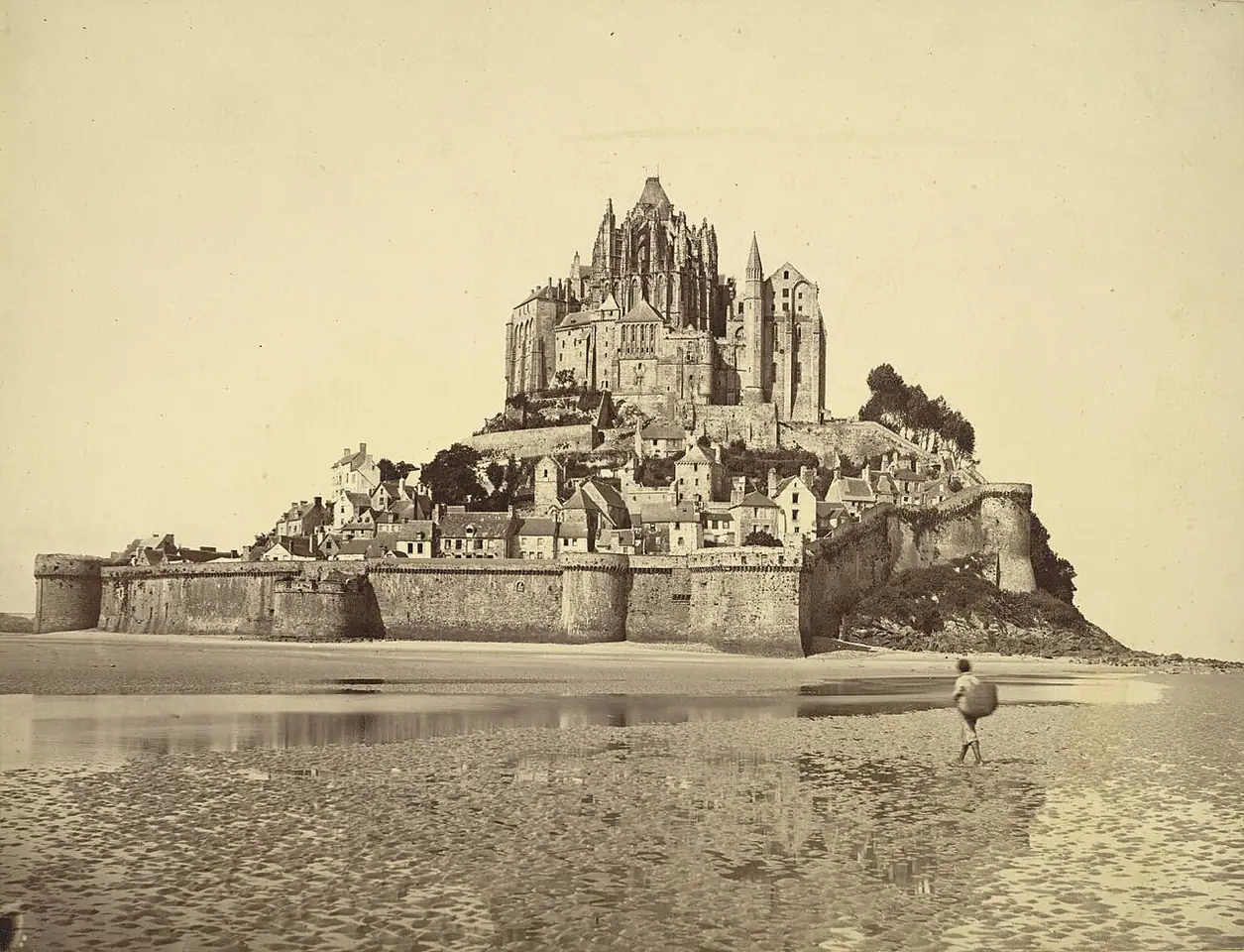 The Mont from the east around 1865, before the causeway and the 1897 spire.
