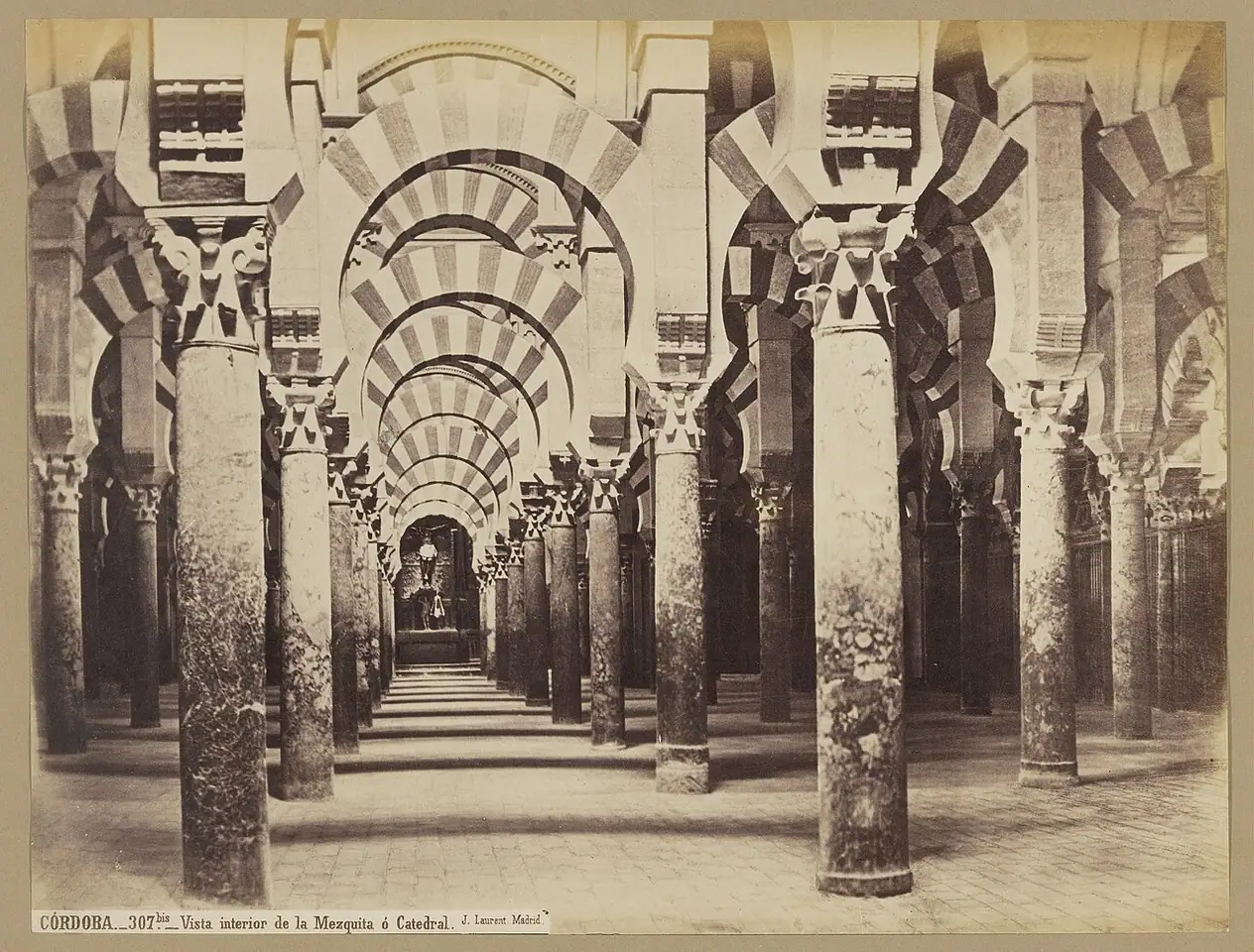 The prayer hall's double arches in a photograph of about 1857–1880.