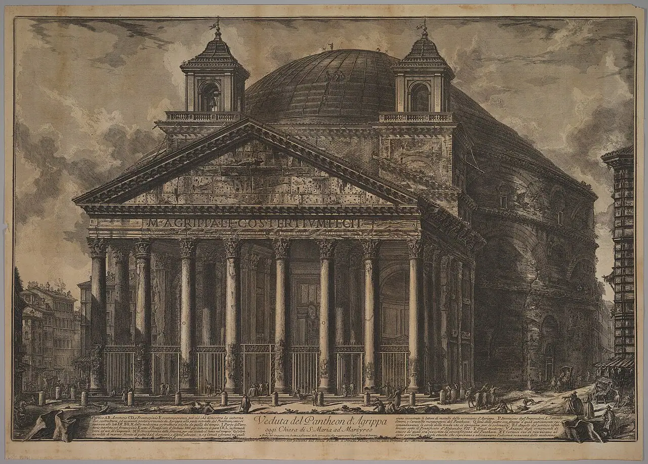 Giovanni Battista Piranesi's etching of the Pantheon, 18th century, showing the two bell towers removed in 1883.