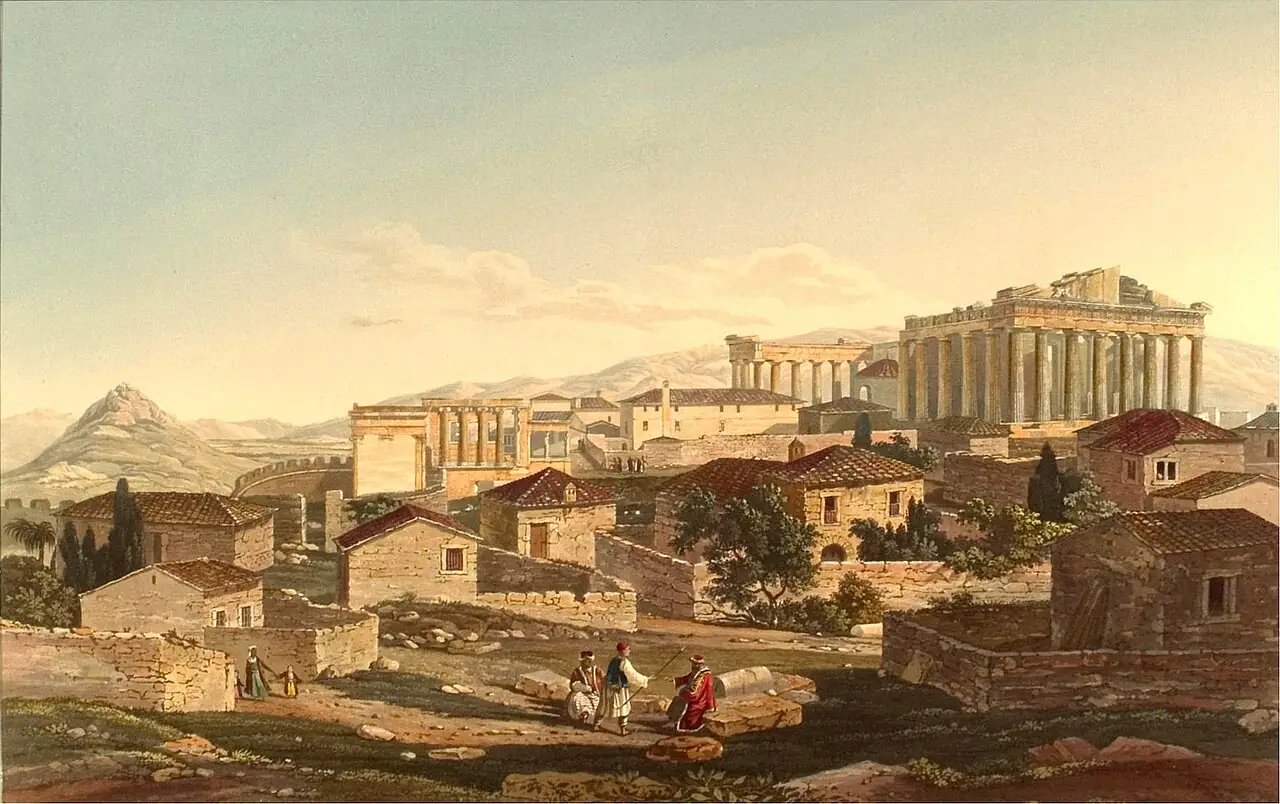 The Parthenon above the Ottoman-era houses of the Acropolis, from Edward Dodwell's views of Greece, published 1821.