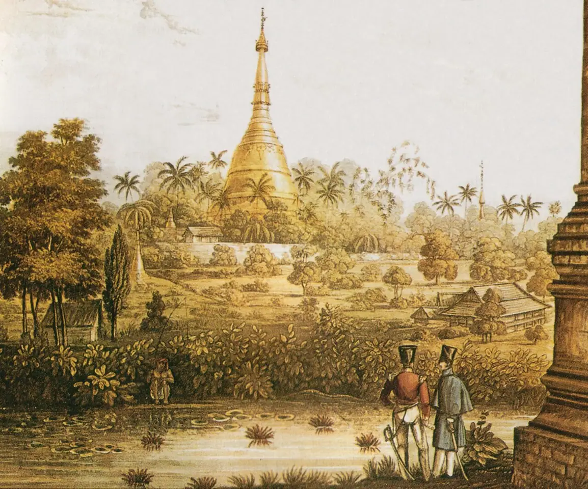 The Shwedagon pagoda in a coloured engraving after Joseph Moore, published 1825, during the First Anglo-Burmese War.