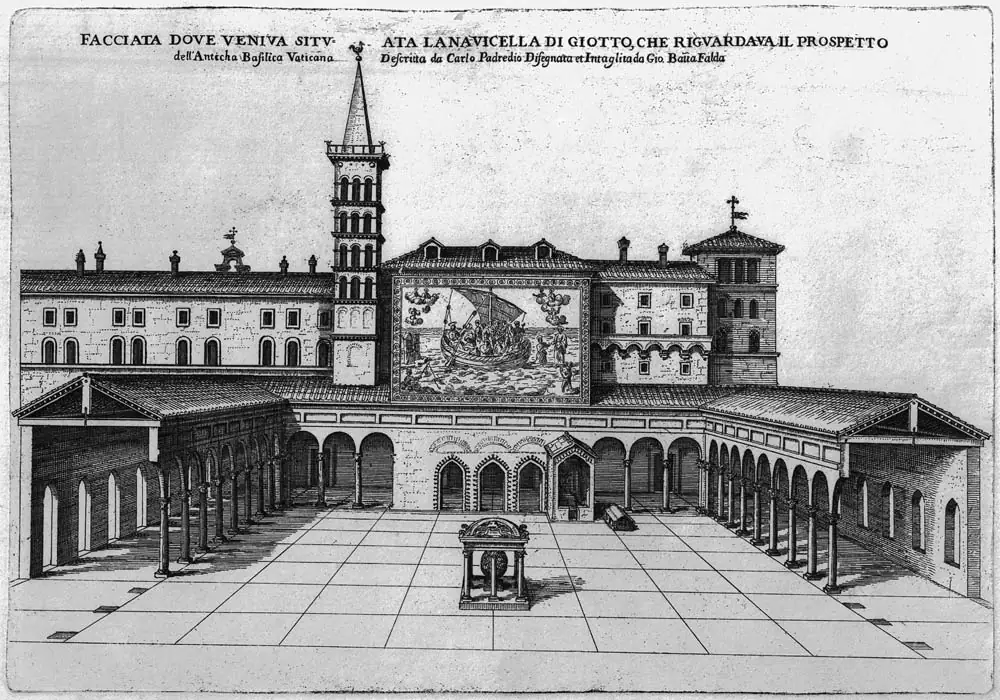 The atrium and façade of Old St Peter's, the 4th-century basilica demolished for the new church, engraved by Giovanni Battista Falda.