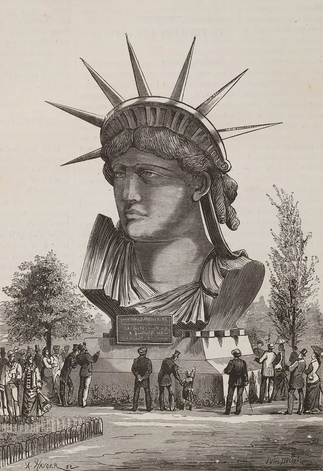 The statue's head on display at the Champ de Mars during the 1878 Paris World's Fair.