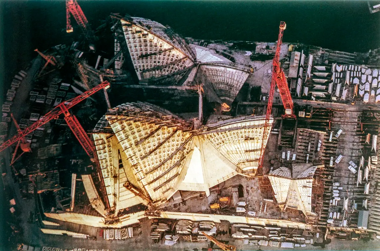 The shells under construction in 1965, from the Len Stone photograph collection.